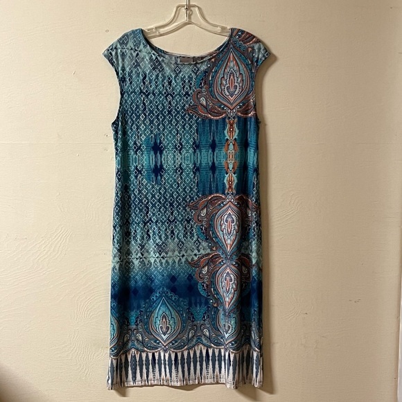Chicos Blue Paisley Slinky Dress Medium Sleeveless Size 1 - Picture 1 of 5